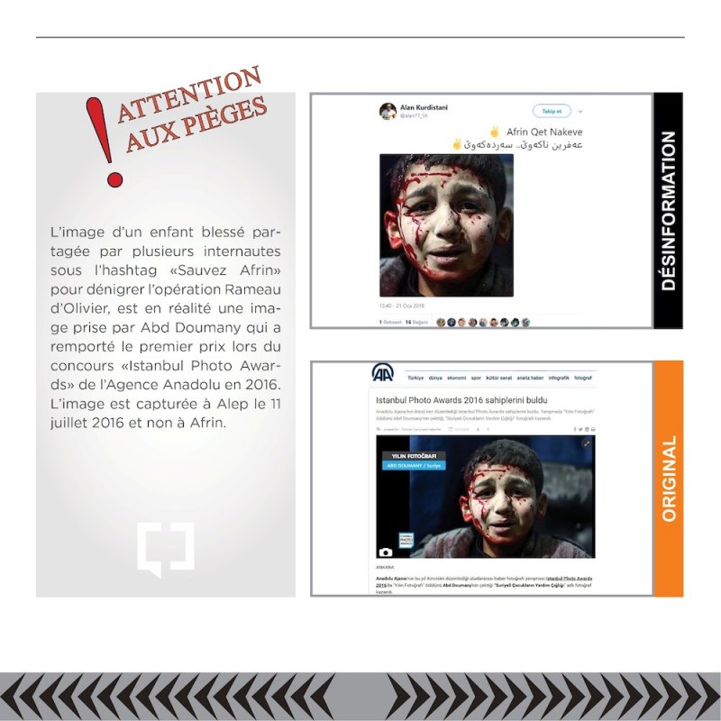 L'image d'un enfant blessé, partagée par plusieurs internautes sous le hashtag "Sauvez Afrin" pour dénigrer l'opération Rameau d'Olivier