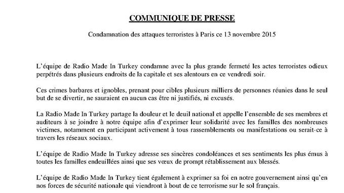 Communiqué de Presse de Radio Made İn Turkey
