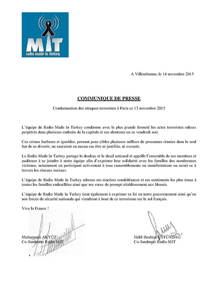 Communiqué de Presse de Radio Made İn Turkey