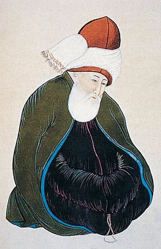 Illustration en couleur de Rumi agenouillé, vêtu d'une robe noire et vert foncé, d'un chapeau rouge et d'une écharpe blanche.