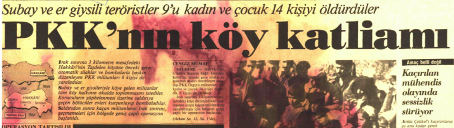 Titre d'un journal "PKK'nin köy katliami"