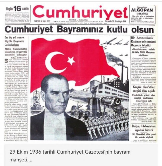 La une du journal Cumhuriyet "Cumhuriyet Bayraminiz Kutlu Olsun"