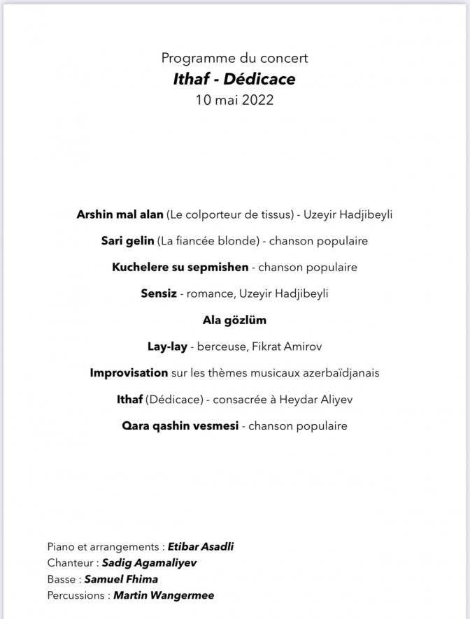 Programme du concert de célébration à Paris, du 99e anniversaire d'Heydar ALIYEV