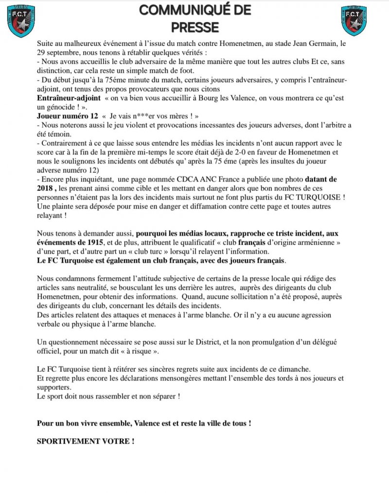 Communiqué de presse de l'équipe FC Turquoise de Valence