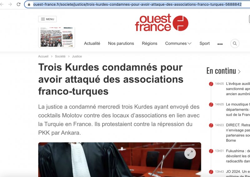 Capture d'écran Ouest France : 3 kurdes du pkk condamné pour attaque contre association turque